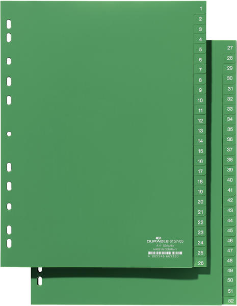 DURABLE 615705 Zahlenregister aus Kunststoff A4 hoch volldeckend Universallochung + zwei Abläufen 1-52 grün