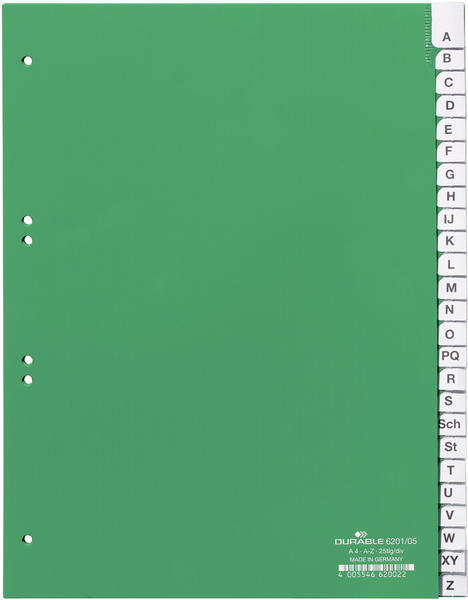 DURABLE 620105 Kunststoffregister A - Z A4 hoch volldeckend 25er-Teilung grün