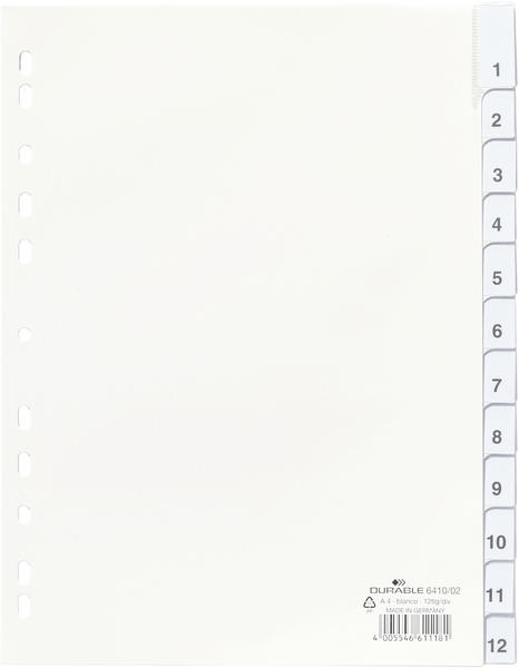 DURABLE 641002 Blanko-Register aus PP A4 hoch volldeckend 1-12 beziehungsweise Januar-Dezember weiß