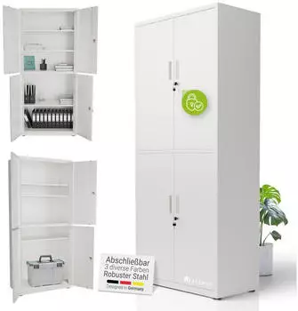 Juskys Aktenschrank Metall 180x80x40cm abschlie&szlig;bar, 3 Einlegeb&ouml;den, Wei&szlig;