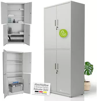 Juskys Aktenschrank Metall 180x80x40cm abschlie&szlig;bar, 3 Einlegeb&ouml;den, hellgrau