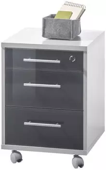 Mid.you Office Line Lux Rollcontainer 3 Schubladen, Hellgrau/Graphit, Glasfront, 40x56x40cm
