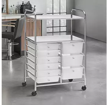 Idimex Marita Rollcontainer 9 Schubladen 2 Ablagen, Chrom/Wei&szlig;