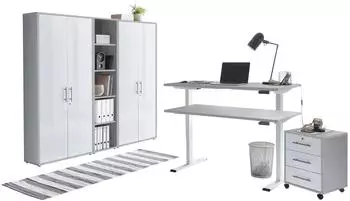 BMG Office eDition B&uuml;rom&ouml;bel-Set mit elektrisch h&ouml;henverstellbarem Schreibtisch, lichtgrau/wei&szlig; hochglanz (VKE.LGWHG-FW-SET10)