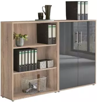 Mid.you Office Edition SW Set 1 Aktenschrank niedrig, Sonoma Eiche/Anthrazit Hochglanz, 168,8x113,6x33cm (001067007603)