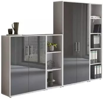 BMG Office Edition Set 4 Schrankwand, grau/Anthrazit Hochglanz, 12 F&auml;cher, 257x186x33cm, abschlie&szlig;bar