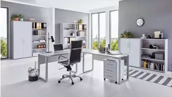 BMG Office Edition Set 7 Büromöbel-Set Winkelschreibtisch, Aktenschränke, Regale, Grau/Weiß Matt (Office Edition Set 7)