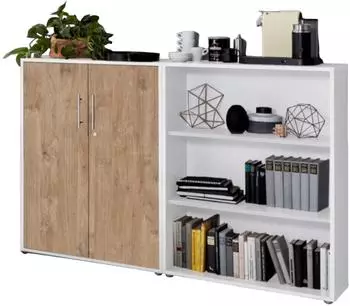 BMG Office Edition Set 1 abschlie&szlig;bare Schrankwand, niedrig, wei&szlig;/Gold Harbor Oak (VKE.WGHO-SW-SET1niedrig)