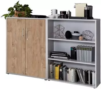 BMG Office Edition Schrankwand Set 1, niedrig, lichtgrau/Gold Harbor Oak (VKE.LGGHO-SW-SET1niedrig)
