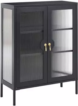 Beliani Gleora Sideboard Metall schwarz, Riffelglas, 2 T&uuml;ren