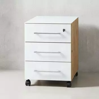 KADIMA DESIGN MUENCHEN Rollcontainer 3 Schubladen, Glasfront, Chalet-Eiche/weiß (BARK4201_242)