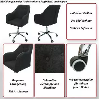 MCW MCW-L92 Bürostuhl Drehstuhl mit Armlehne, Textil, dunkelgrau (91125) – Sitzhöhe individuell an Körpergröße anpassen