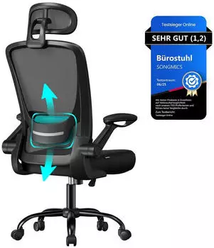 Songmics B&uuml;rostuhl ergonomisch, Mesh, Lendenst&uuml;tze, Wippfunktion, klappbare Armlehnen