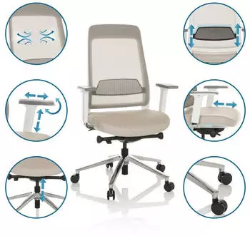 HJH Office CHIARO T2 WHITE Bürostuhl Netzrücken, Stoff, Beige/Grau (790023) – Dynamisches Sitzen durch abgestimmte Mechanik