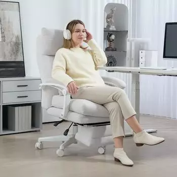 HomCom B&uuml;rostuhl ergonomisch mit Lendenwirbelst&uuml;tze und Fu&szlig;st&uuml;tze, Leinenoptik, cremewei&szlig; (921-837V00CW)