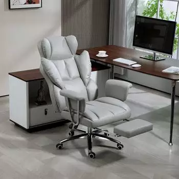 HomCom Ergonomischer B&uuml;rostuhl mit Liegefunktion und Fu&szlig;st&uuml;tze, hellgrau