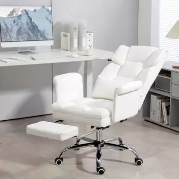HomCom B&uuml;rostuhl ergonomisch mit Liegefunktion, Lendenkissen, Kunstleder, wei&szlig;