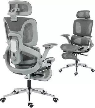 HomCom Ergonomischer B&uuml;rostuhl, Mesh, hohe R&uuml;ckenlehne, Fu&szlig;st&uuml;tze, grau