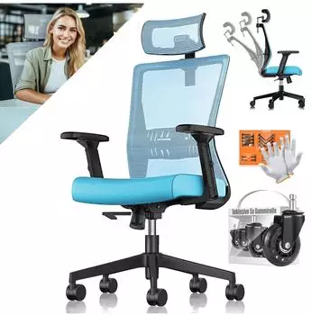 Kesser Bürostuhl ergonomisch, Kopfstütze, verstellbare Armlehnen, blau/schwarz