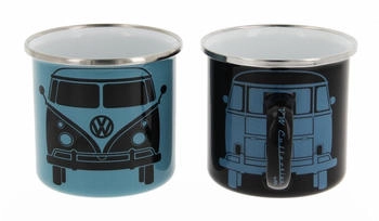 VW Collection T1 Bus Emaille Tassen-Set, 2er-set, 350ml, schwarz/petrol