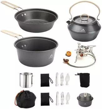 LuxusKollektion Camping Kochgeschirr-Set 17-teilig, hart eloxiertes Aluminium, mit Kocher