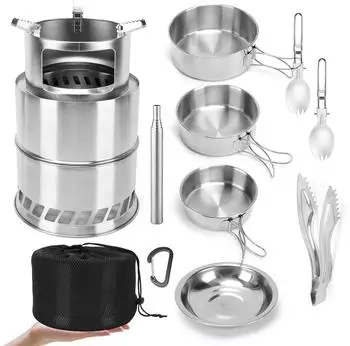 doorslay Camping Kochgeschirr-Set 11-teilig, Edelstahl 304, mit Holzofen