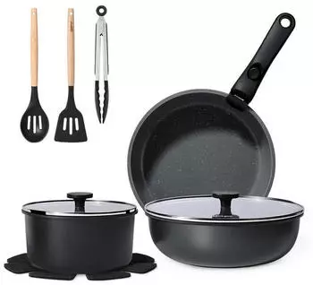 LuxusKollektion Pfannen-Set 11-tlg. Antihaft, abnehmbare Griffe, schwarz