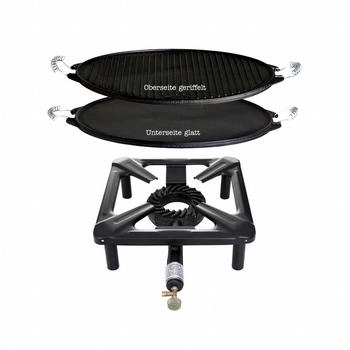 Paella World All Grill Hockerkocher Set groß mit Gussgrillplatte light 38 cm (4040+11038)