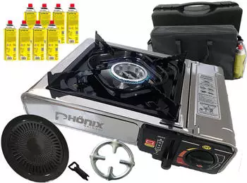 Ph&ouml;nix Germany Edelstahl Gaskocher mit Grillaufsatz und 8 Gaskartuschen (PC-20)