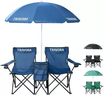 Travora 2er Partner Campingstuhl mit Sonnenschirm und Kühlfach