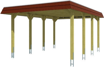 Skan Holz Einzelcarport Spreewald 396x589 cm 209 cm Einfahrtsh&ouml;he mit EPDM-Dach rote Blende Nussbaum