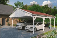 Skanholz Doppelcarport "Fichtelberg" Leimholz wei&szlig; mit roten Schindeln
