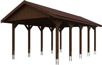 Skan Holz Einzelcarport Wallgau 430x750 cm 215 cm Einfahrtshöhe mit roten Dachschindeln Nussbaum