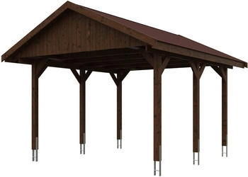 Skan Holz Einzelcarport Wallgau 430x500 cm 215 cm Einfahrtshöhe mit roten Dachschindeln Nussbaum