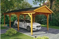 Skanholz Einzelcarport "Fichtelberg" Leimholz hellbraun mit schwarzen Schindeln