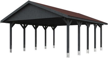 Skan Holz Doppelcarport Wallgau 620x750 cm 215 cm Einfahrtshöhe mit roten Dachschindeln Schiefergrau