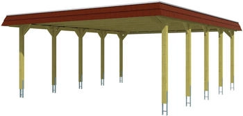 Skan Holz Doppelcarport Spreewald 585x741 cm 215 cm Einfahrtsh&ouml;he mit EPDM-Dach rote Blende Nussbaum