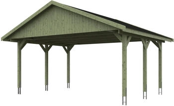 Skan Holz Doppelcarport Wallgau 620x500 cm 215 cm Einfahrtshöhe mit schwarzen Dachschindeln Grün