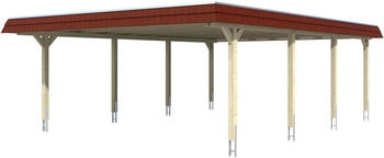 Skan Holz Doppelcarport Wendland 630x879 cm 216 cm Einfahrtsh&ouml;he mit EPDM-Dach rote Blende Nussbaum