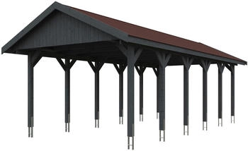 Skan Holz Einzelcarport Wallgau 430x900 cm 215 cm Einfahrtshöhe mit roten Dachschindeln Schiefergrau