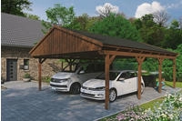 Skanholz Doppelcarport "Fichtelberg" Leimholz braun mit schwarzen Schindeln