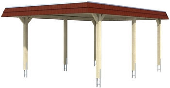 Skan Holz Einzelcarport Wendland 409x628 cm 210 cm Einfahrtsh&ouml;he mit EPDM-Dach rote Blende Natur
