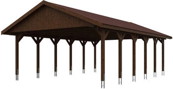 Skan Holz Doppelcarport Wallgau 620x900 cm 215 cm Einfahrtshöhe mit roten Dachschindeln Nussbaum