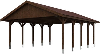 Skan Holz Doppelcarport Wallgau 620x750 cm 215 cm Einfahrtshöhe mit roten Dachschindeln Nussbaum