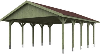 Skan Holz Doppelcarport Wallgau 620x750 cm 215 cm Einfahrtshöhe mit roten Dachschindeln Grün