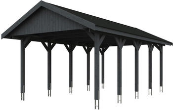 Skan Holz Einzelcarport Wallgau 430x750 cm 215 cm Einfahrtshöhe mit schwarzen Dachschindeln Schiefergrau