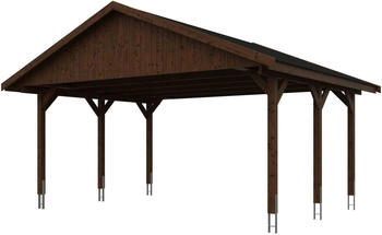 Skan Holz Doppelcarport Wallgau 620x500 cm 215 cm Einfahrtshöhe mit schwarzen Dachschindeln Nussbaum