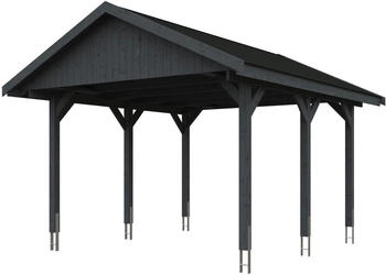 Skan Holz Einzelcarport Wallgau 430x500 cm 215 cm Einfahrtshöhe mit schwarzen Dachschindeln Schiefergrau
