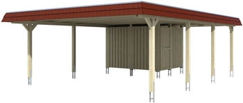 Skan Holz Doppelcarport Wendland 630x879 cm 216 cm Einfahrtsh&ouml;he mit Abstellraum mit EPDM-Dach rote Blende Nussbaum