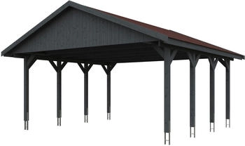 Skan Holz Doppelcarport Wallgau 620x600 cm 215 cm Einfahrtshöhe mit roten Dachschindeln Schiefergrau